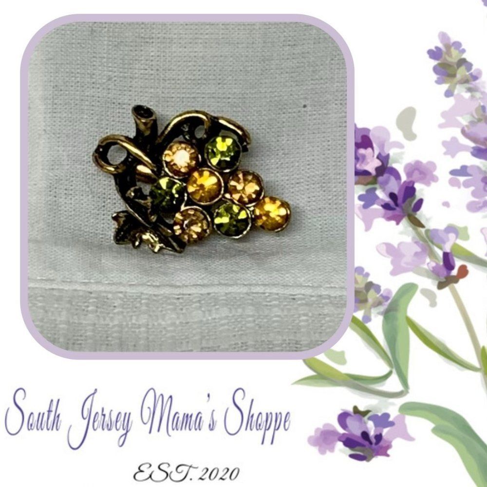Vintage 1980s Green  Amber Rhinestone Grape Brooch J255